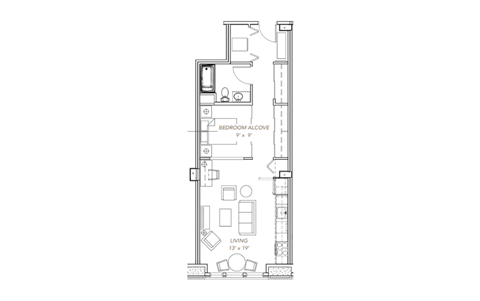 a floor plan of an apartment with a bedroom and a living room